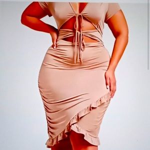 Women's Double Tie Front Midi Dress With Ruffle Hem In Camel